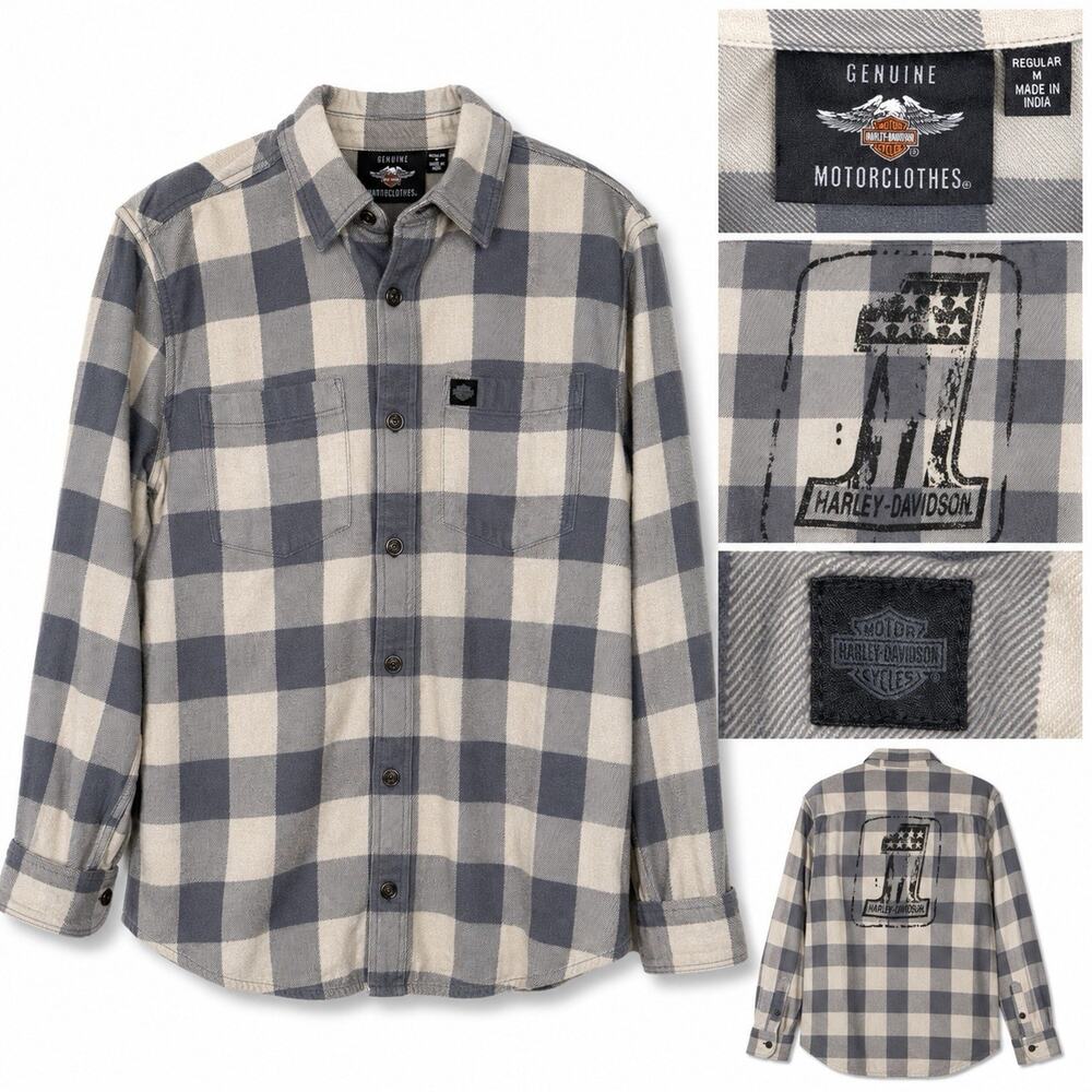 Harley-Davidson Men’s M Gray Cream Plaid Snap Front Lumberjack Flannel Shirt